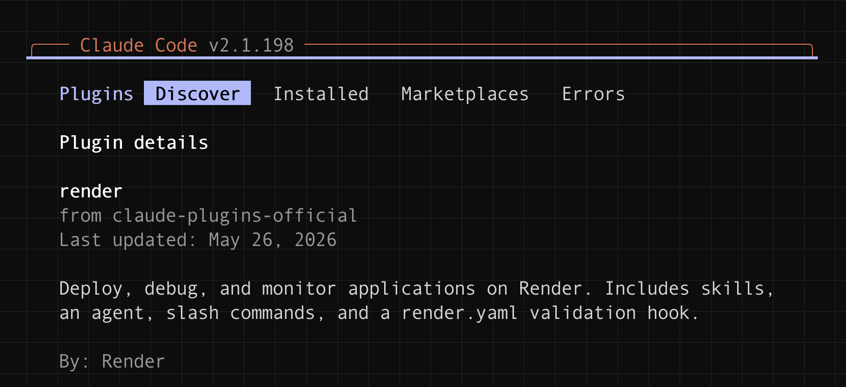 Adding the Render plugin in the Claude Code plugin marketplace