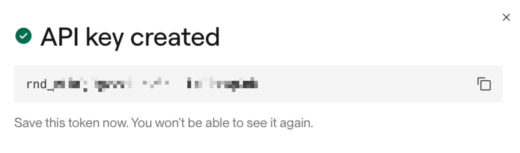 The API key created dialog showing the new key with a button to copy it