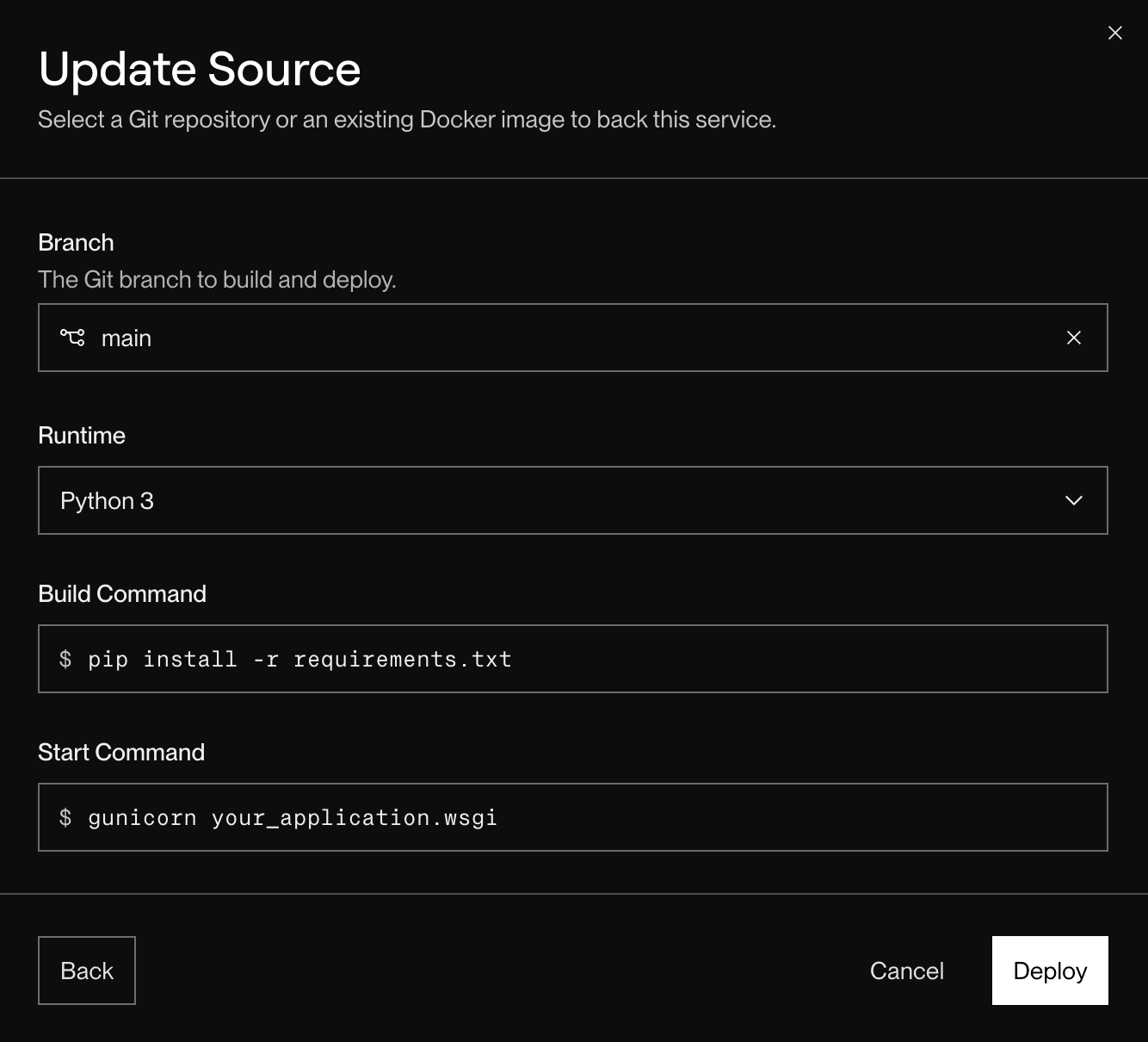 The Update Source dialog in the Render Dashboard