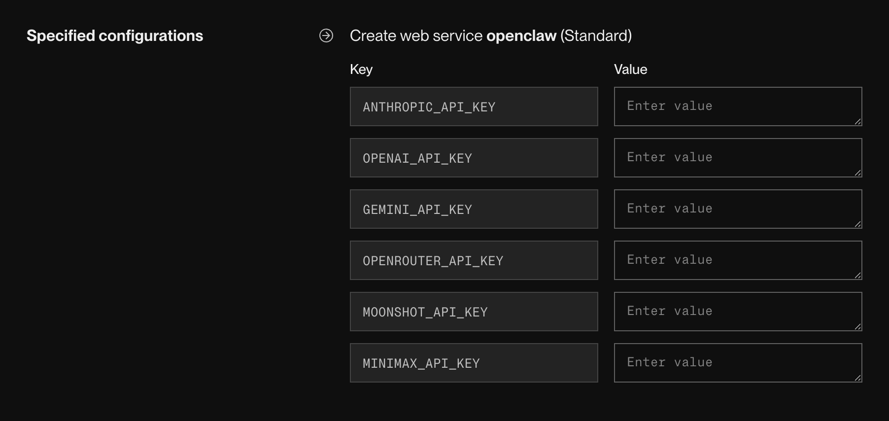 Blueprint creation form showing openclaw service
