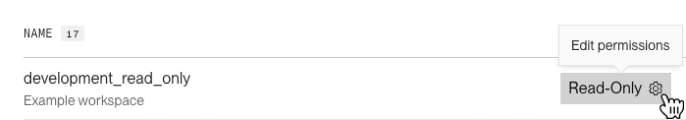 An API key row with the Read-Only permissions gear icon highlighted