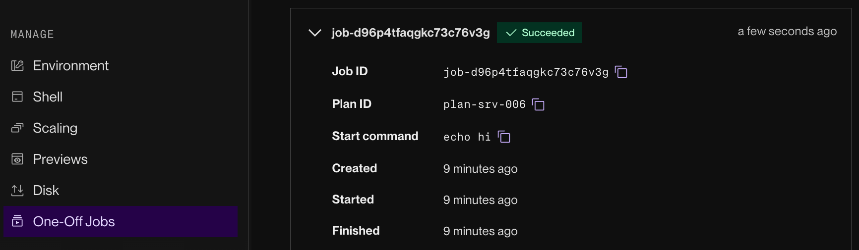 One-off job details in the Render Dashboard
