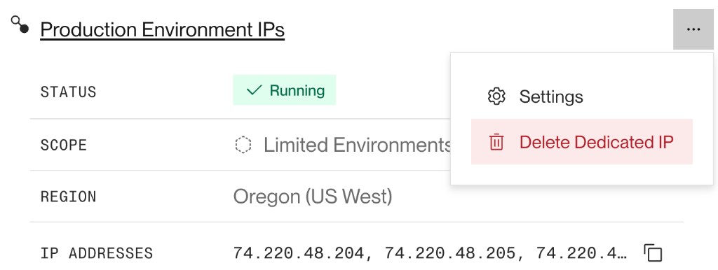 The delete option in the dedicated IP set menu