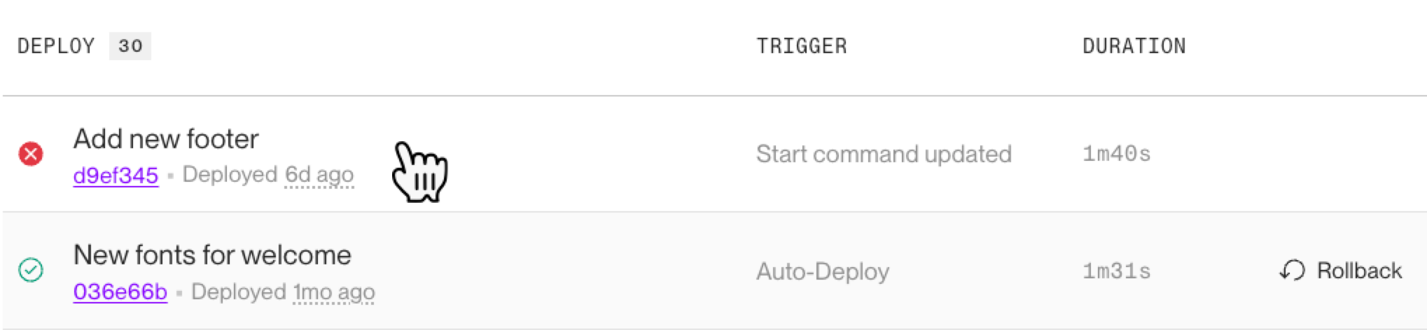 Selecting a deploy to view logs