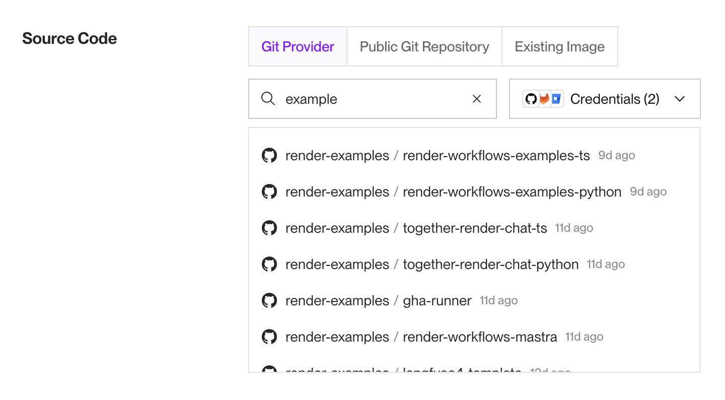 List of connected repos in the Render Dashboard