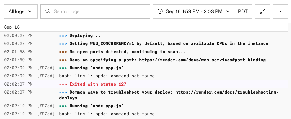 Error logs in the Render Dashboard log explorer