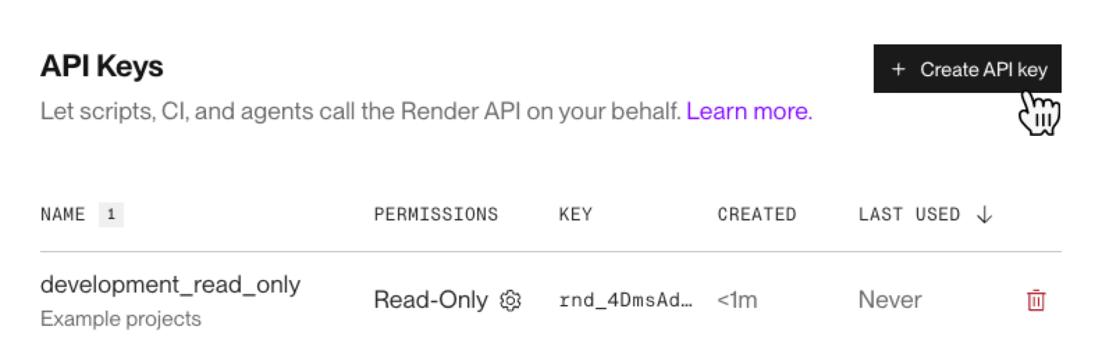 The API Keys page in the Render Dashboard
