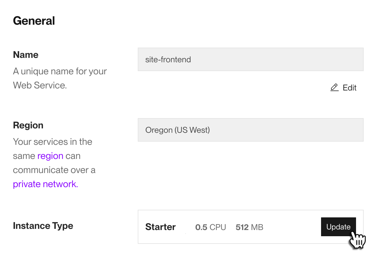 Updating a service's instance type in the Render Dashboard