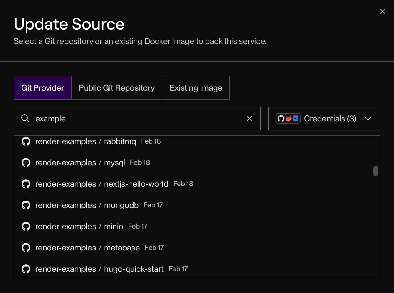 The Update Source dialog in the Render Dashboard