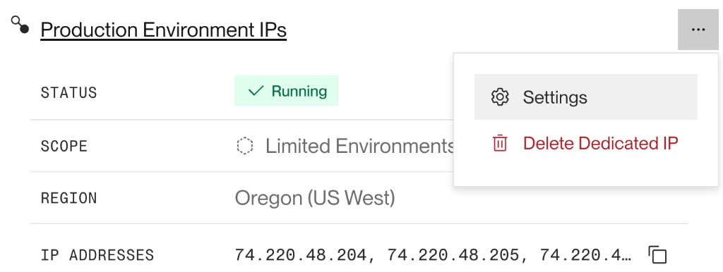 The options menu for a dedicated IP set
