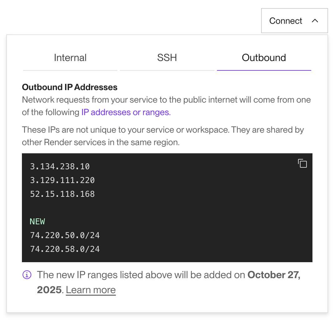 Viewing new outbound IP addresses in the Render Dashboard