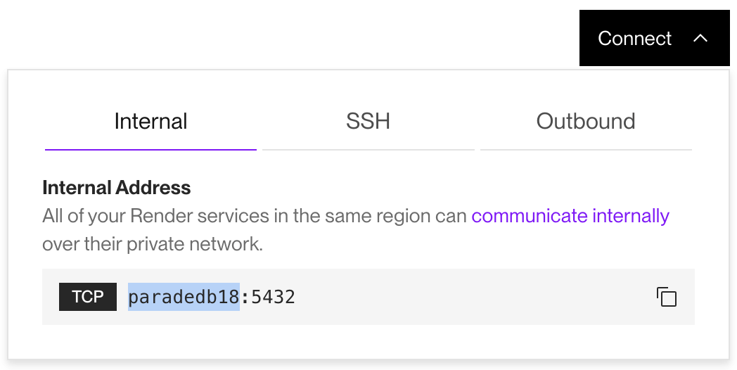 The Connect dropdown for a ParadeDB instance in the Render Dashboard