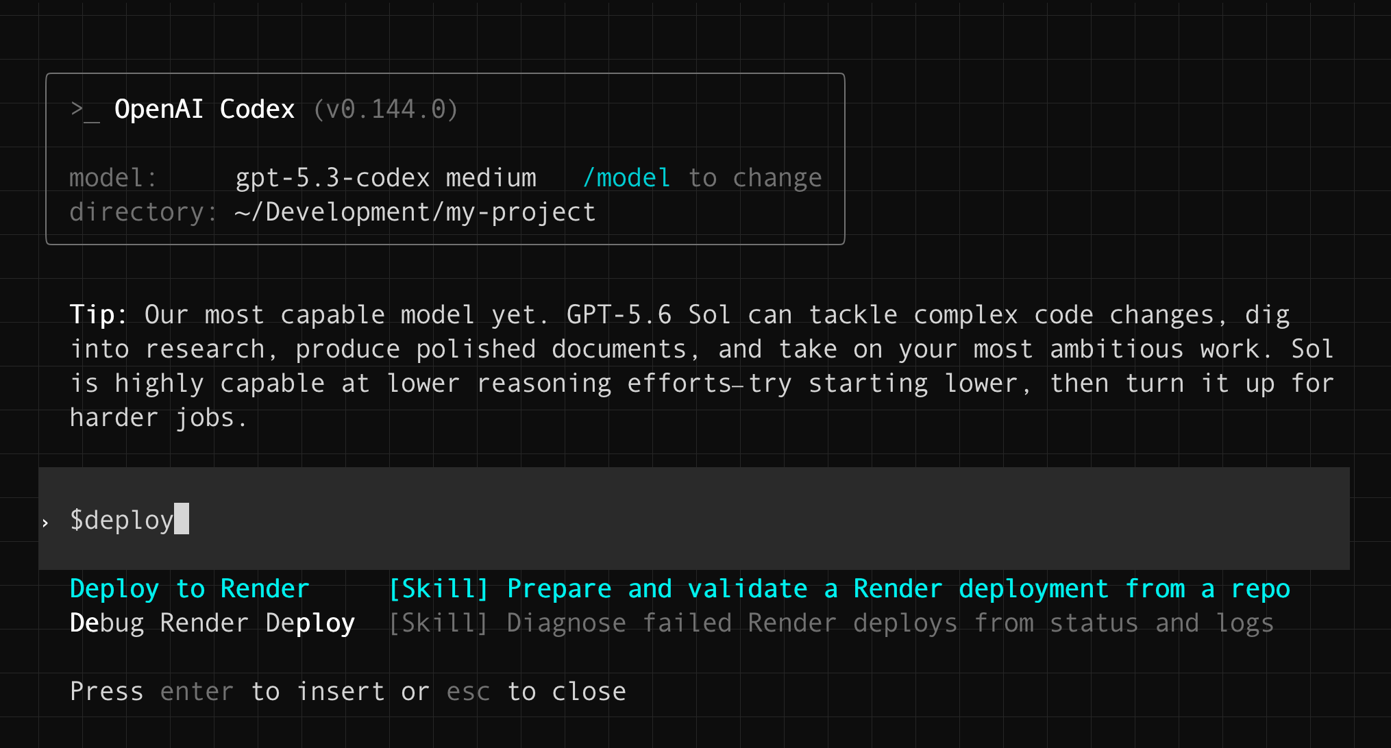 Invoking the render-deploy skill in Codex
