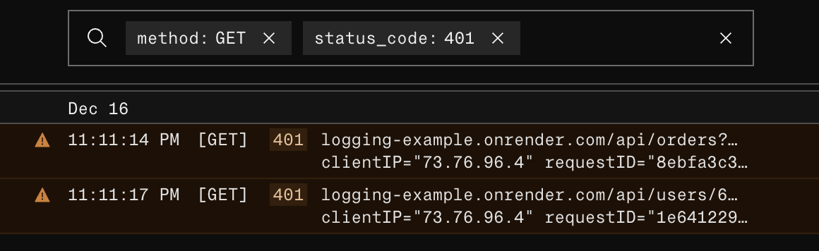 HTTP request logs in the Render Dashboard