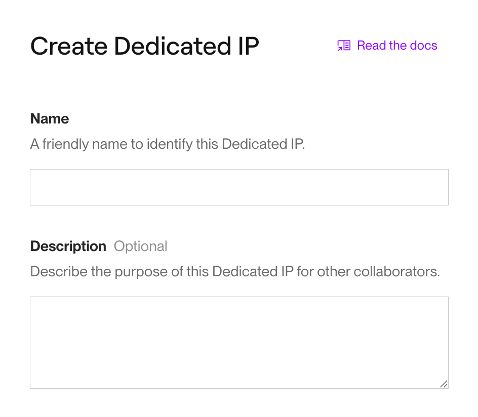 The dedicated IP creation form in the Render Dashboard