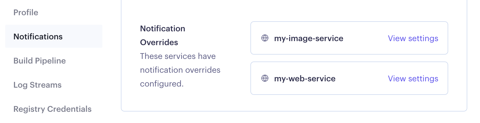 List of services that override notification settings in the Render Dashboard