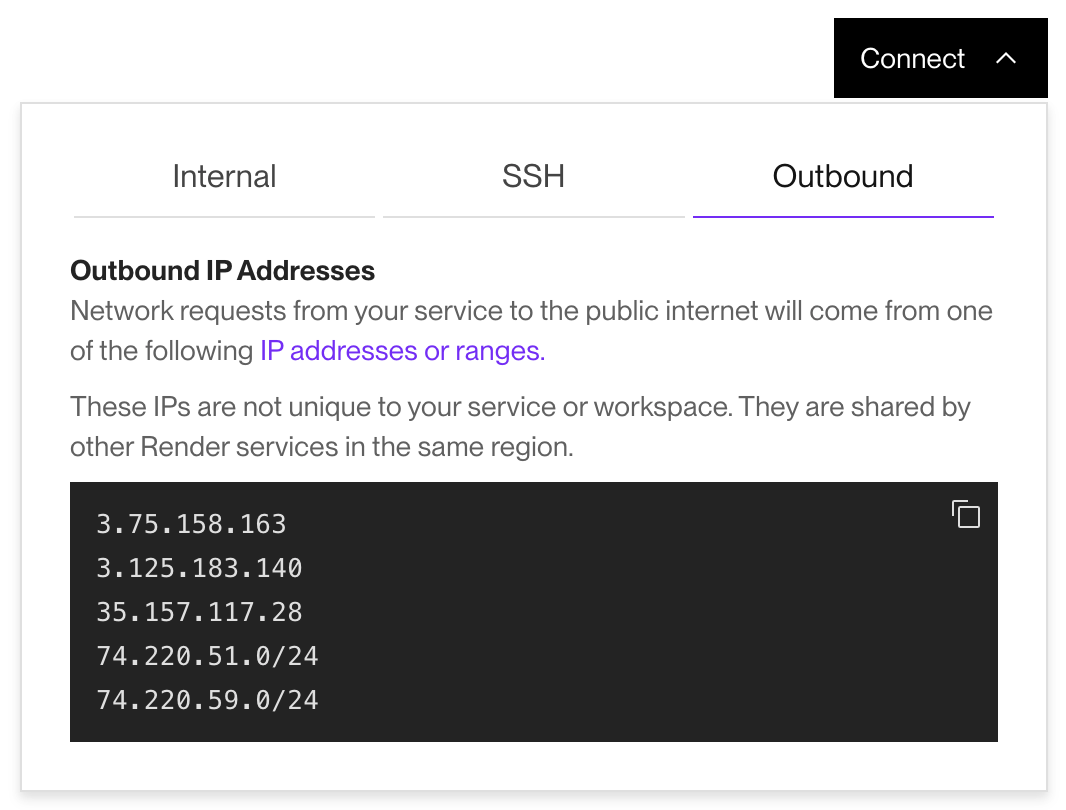 List of outbound IP addresses in the Render Dashboard