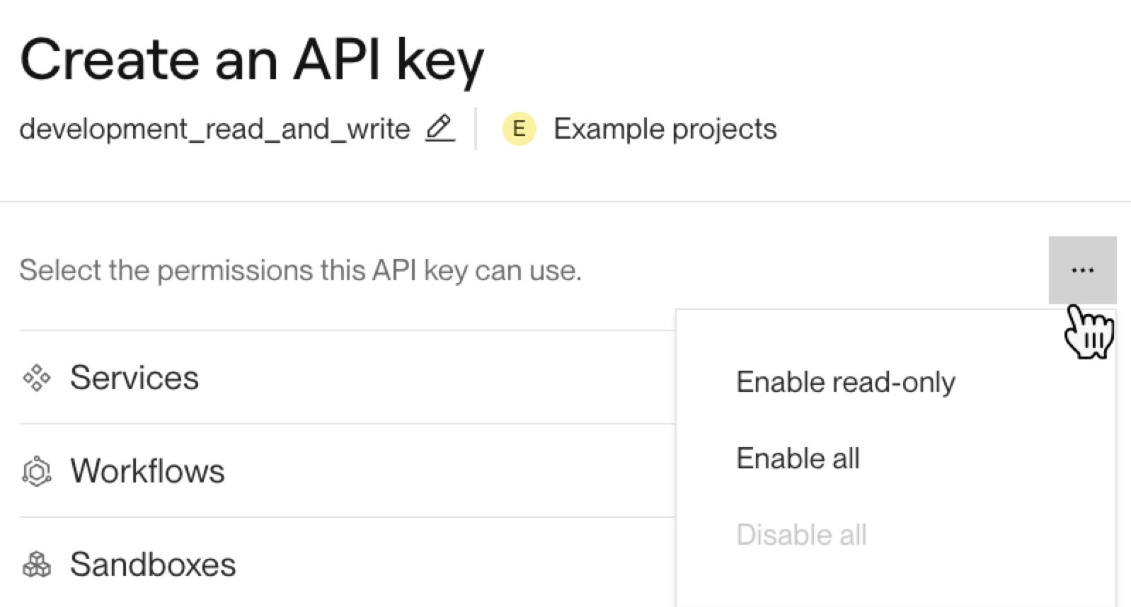 The open permissions menu for granting a key access to all resources