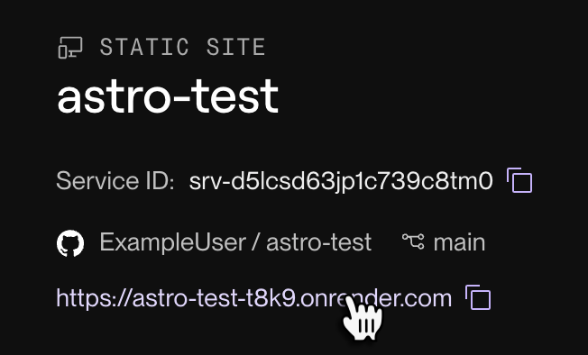 An Astro static site's URL in the Render Dashboard