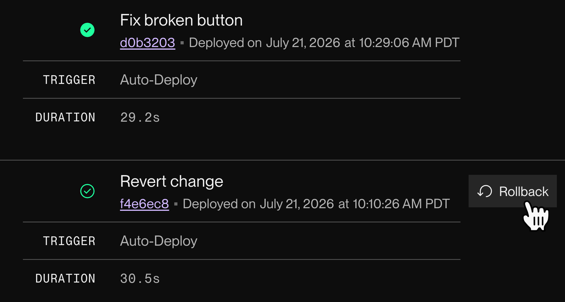 Triggering a rollback in the Render Dashboard