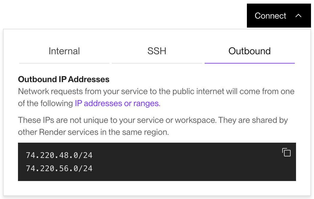 List of outbound IP addresses in the Render Dashboard