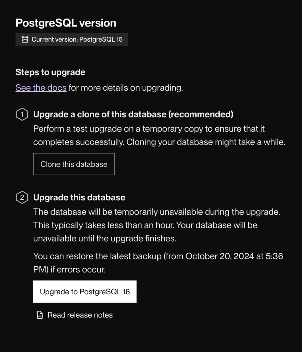 Postgres upgrade flow in the Render Dashboard