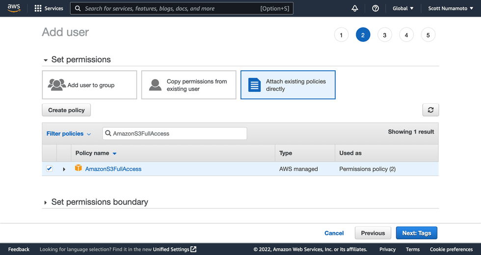 A screenshot of the AWS Dashboard selecting the AmazonS3FullAccess policy for new IAM user