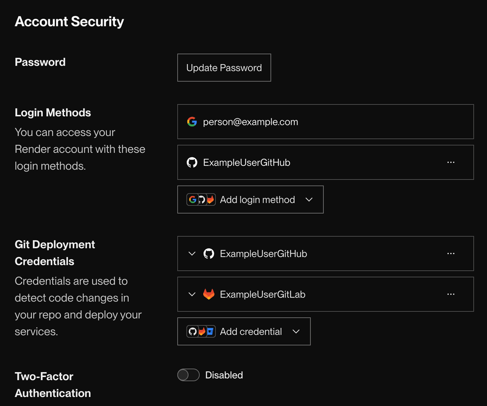 Managing login methods in the Render Dashboard