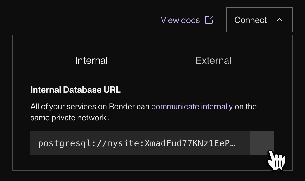 The Connect menu for a Render Postgres database