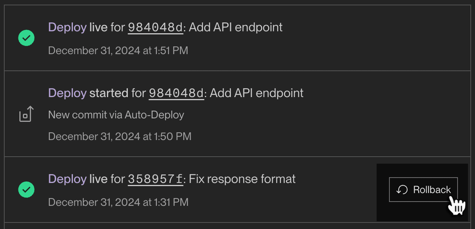 Triggering a rollback in the Render Dashboard