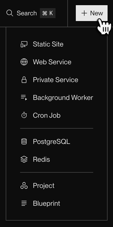 The "New" dropdown in the Render dashboard