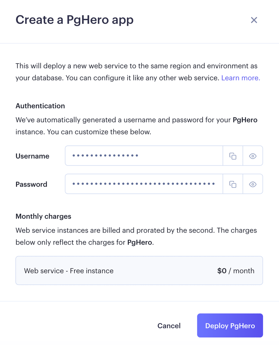 Confirmation dialog for creating a PostgreSQL admin app