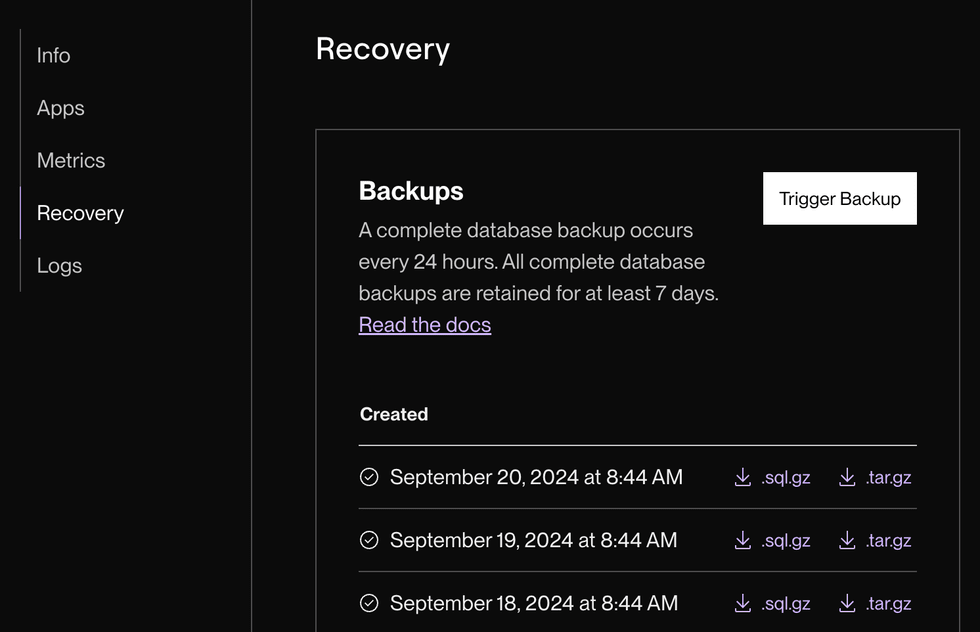 List of backups in the Render Dashboard