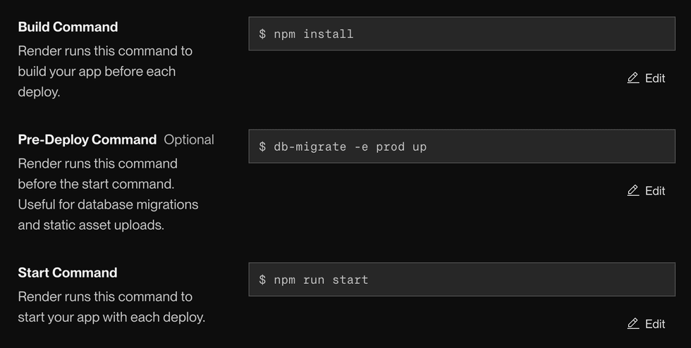 Setting deploy-related commands in the Render Dashboard