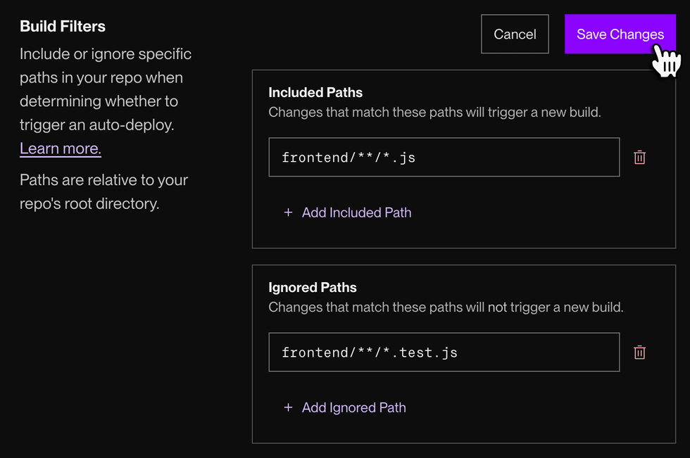 Setting build filters in the Render Dashboard