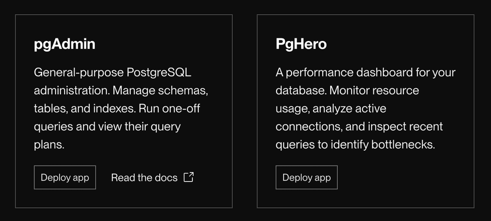 List of PostgreSQL admin apps in the Render Dashboard
