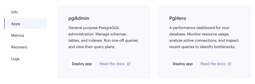List of PostgreSQL admin apps in the Render Dashboard