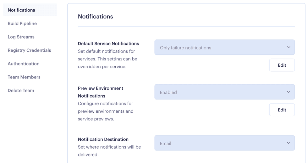 Notifications settings in the Render Dashboard