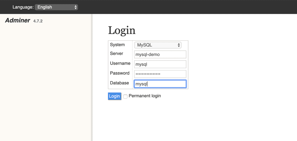 Adminer Login Screen