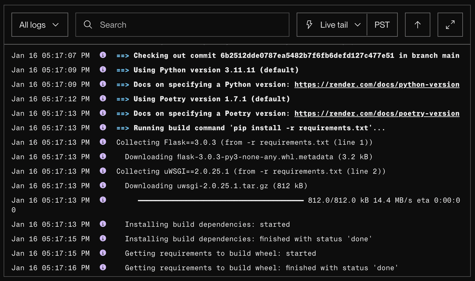 Logs for a service deploy