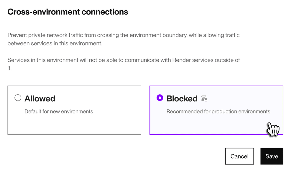 Blocking cross-environment traffic in the Render Dashboard