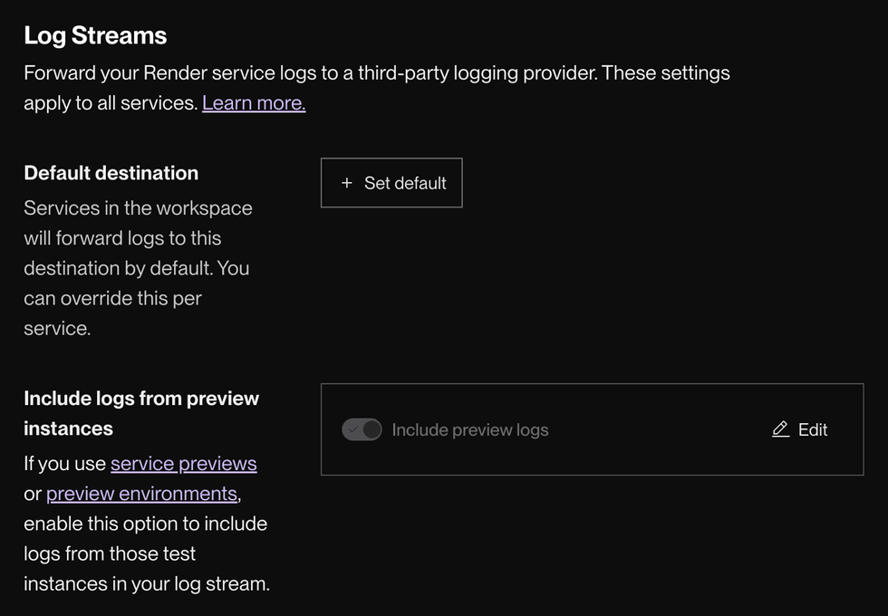 Log stream settings in the Render Dashboard