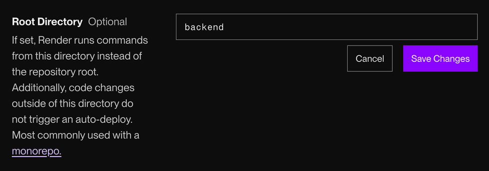 Setting a root directory in the Render Dashboard