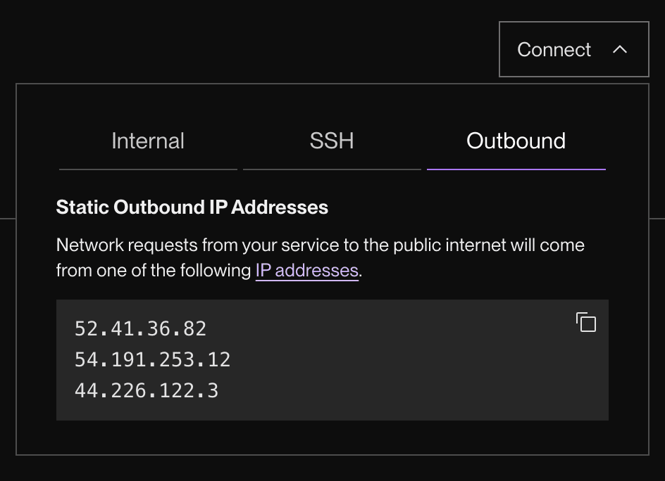 List of static IP addresses in the Render Dashboard