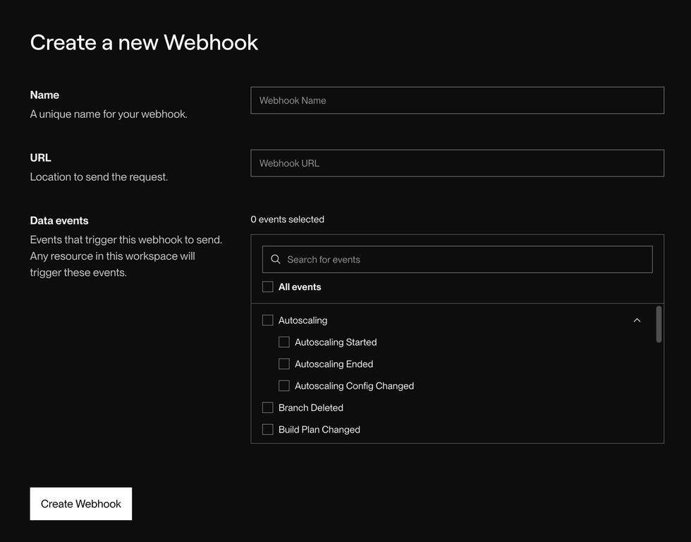 Webhook creation in the Render Dashboard