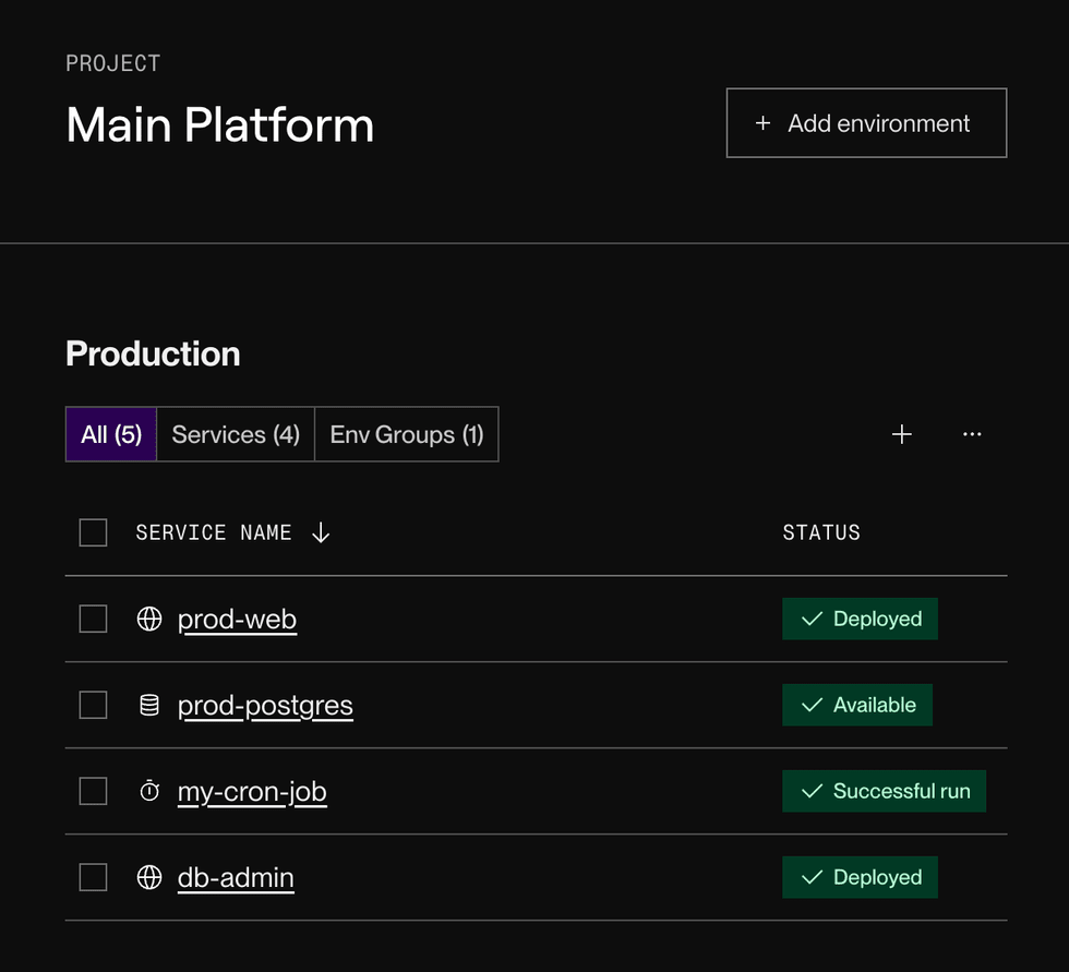 Viewing a project environment in the Render Dashboard