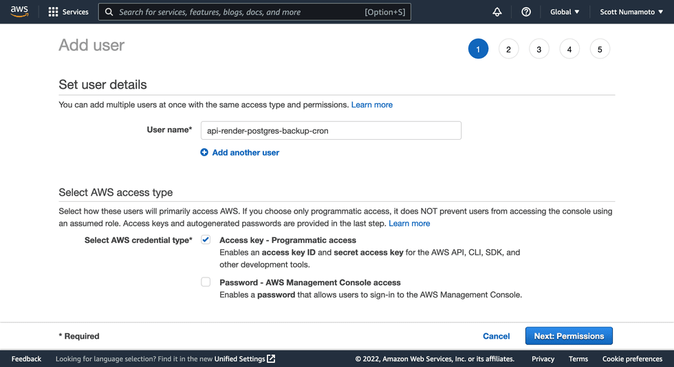 A screenshot of the AWS Dashboard creating a new IAM user