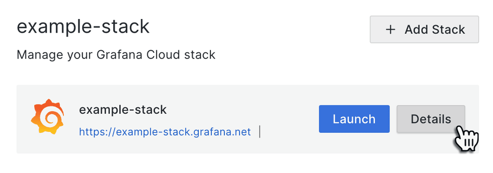 Selecting a Grafana stack in the Grafana Cloud Portal