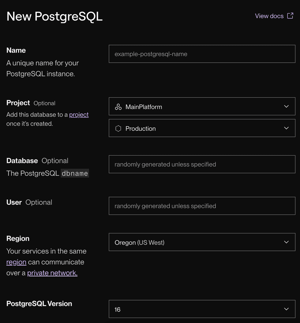 New Postgres creation form