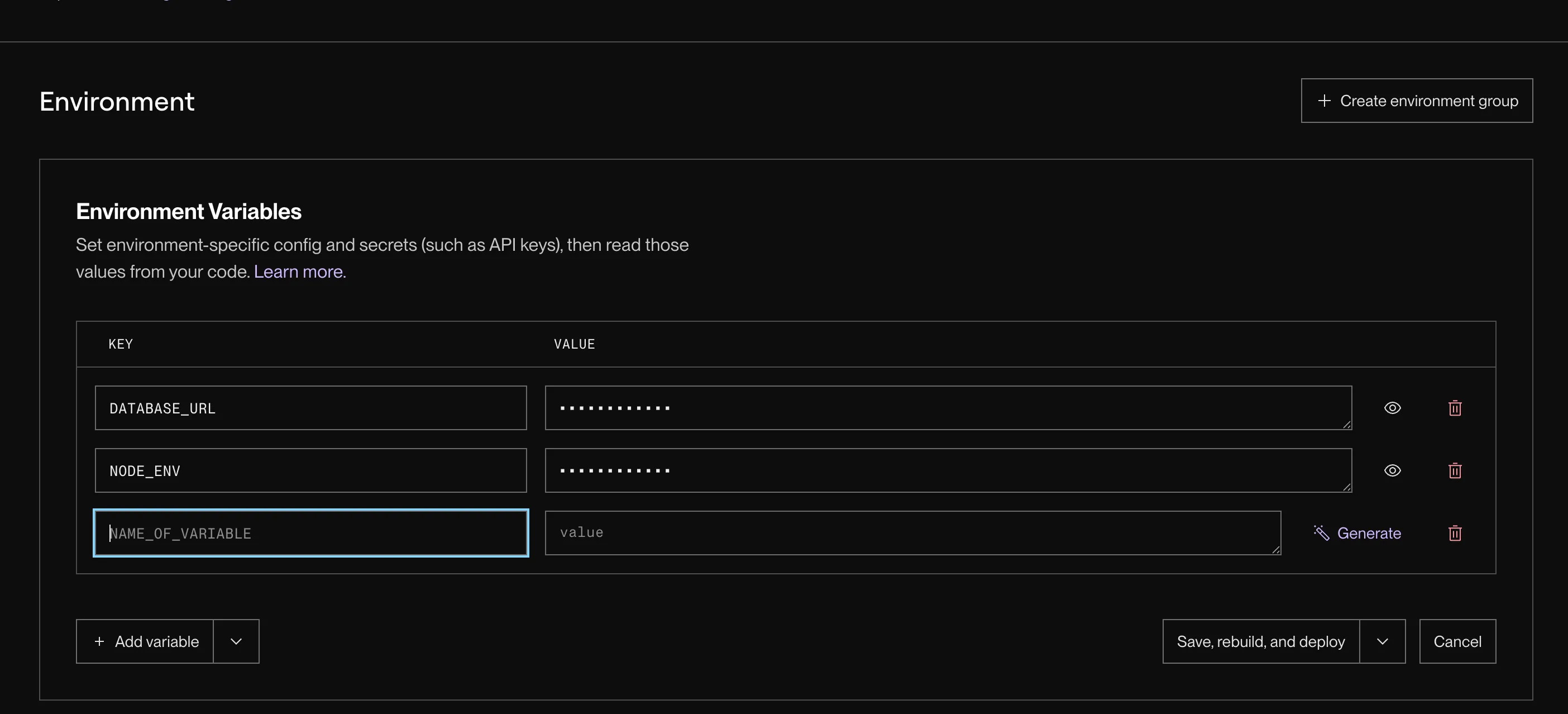 The gateway web service Environment tab with a RENDER_WORKFLOW_SLUG variable added alongside DATABASE_URL and NODE_ENV, and the Save, rebuild, and deploy button.